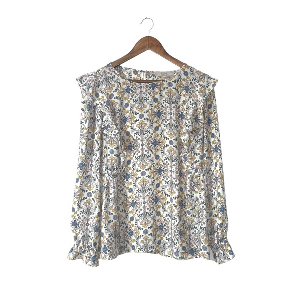 Loft Floral Long Sleeve Ruffle Blouse Top White Green Blue Cottagecore Sz Large - Picture 1 of 5